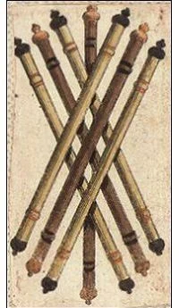 Seven of Wands card from the Ancient Minchiate Etruria Tarot deck