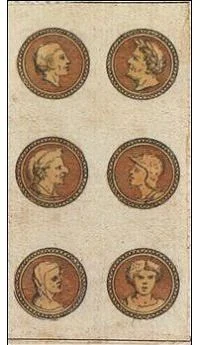 Six of Coins card from the Ancient Minchiate Etruria Tarot deck