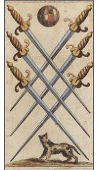 Six of Swords card from the Ancient Minchiate Etruria Tarot deck