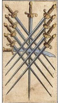 Ten of Swords card from the Ancient Minchiate Etruria Tarot deck