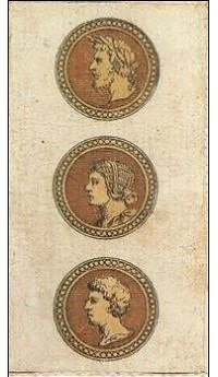 Three of Coins card from the Ancient Minchiate Etruria Tarot deck