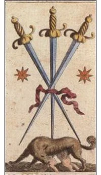 Three of Swords card from the Ancient Minchiate Etruria Tarot deck