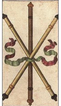Three of Wands card from the Ancient Minchiate Etruria Tarot deck