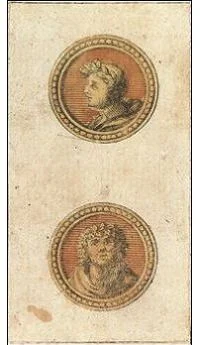 Two of Coins card from the Ancient Minchiate Etruria Tarot deck