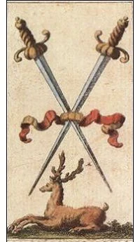 Two of Swords card from the Ancient Minchiate Etruria Tarot deck