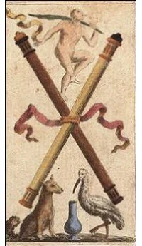 Two of Wands card from the Ancient Minchiate Etruria Tarot deck