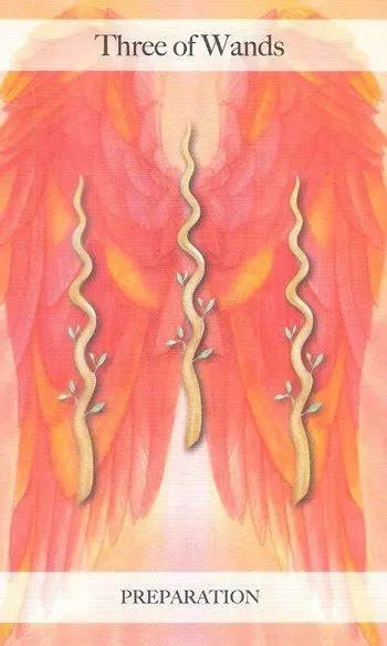 The Angel Tarot Review 9 Three of Wands card from The Angel Tarot by Jayne Wallace