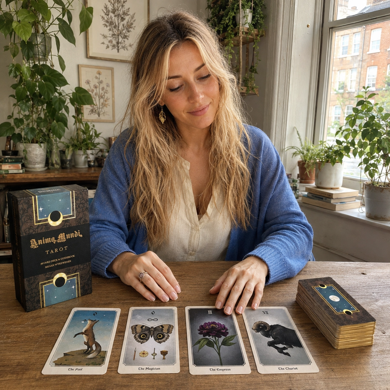 Aurica arranging the Anima Mundi Tarot beside its box, a four-card spread, and the stacked deck