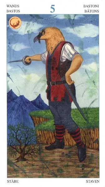 Five of Wands card from the Animal Lords Tarot deck