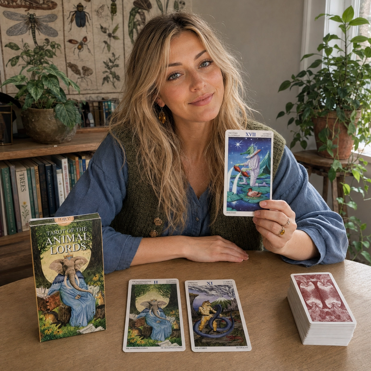 Aurica presenting The Stars beside the Tarot of the Animal Lords box, face-up cards, and stacked deck