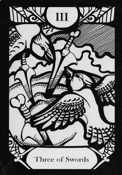 Three of Swords card from the Animalis Os Fortuna Tarot deck