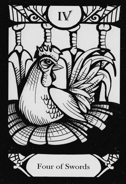 Four of Swords card from the Animalis Os Fortuna Tarot deck