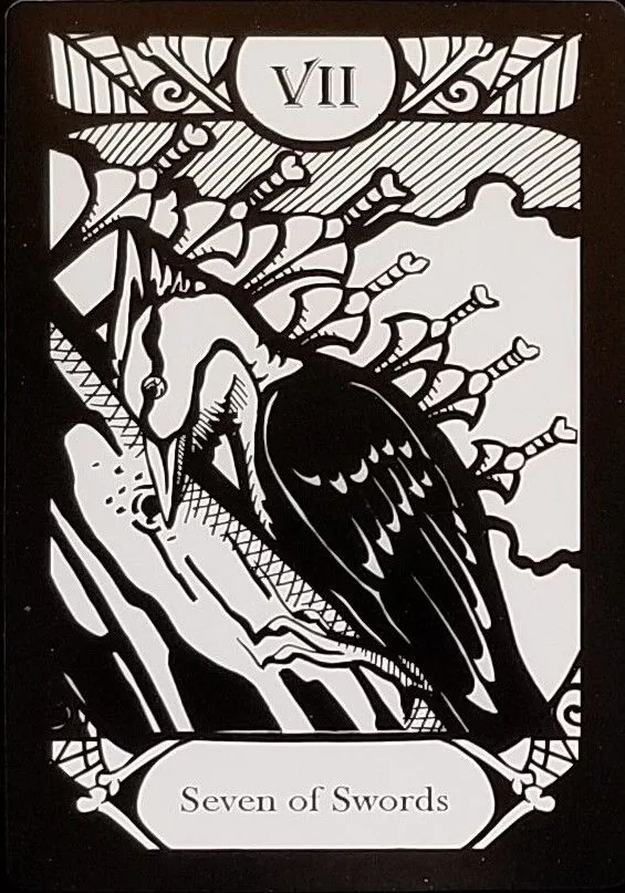 Seven of Swords card from the Animalis Os Fortuna Tarot deck