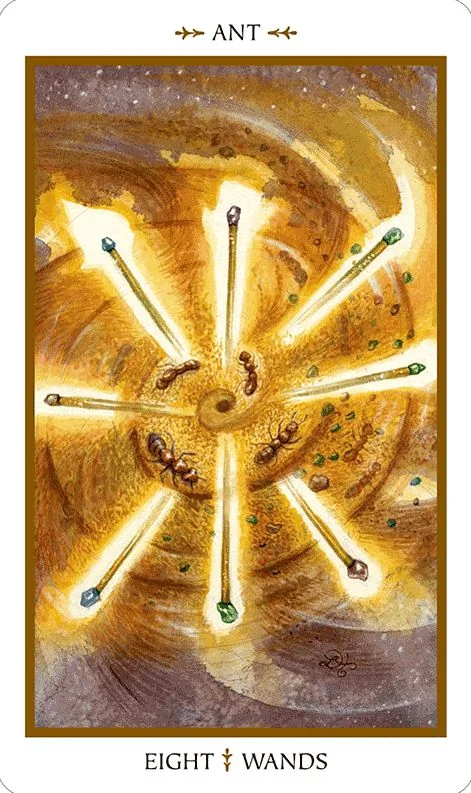 Eight of Wands card from the Animals Divine Tarot deck