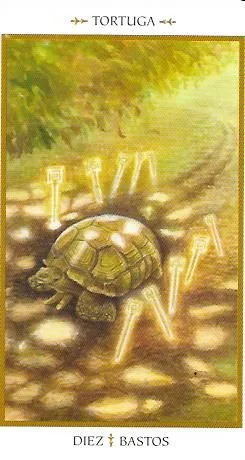Ten of Wands card from the Animals Divine Tarot deck
