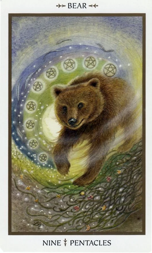 Nine of Pentacles - Animals Divine Tarot card Nine of Pentacles card from the Animals Divine Tarot deck