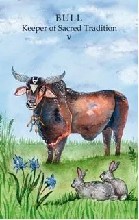 Bull - Keeper of Sacred Tradition (V) card from the Animals Wisdom Tarot deck
