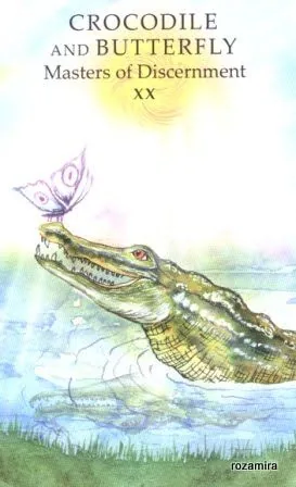 Crocodile and Butterfly - Masters of Discernment (XX) card from the Animals Wisdom Tarot deck