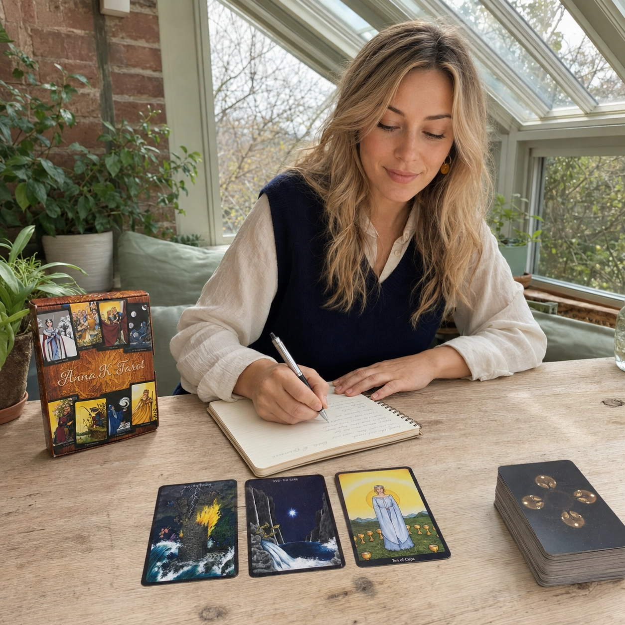 Aurica journaling with Anna K Tarot beside its box, a three-card spread, and stacked deck
