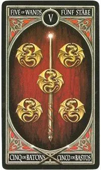 5 of Wands card from the Anne Stokes Gothic Tarot deck