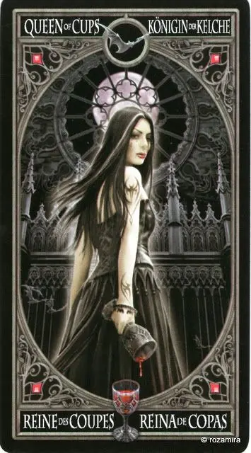 Queen of Cups - Anne Stokes Gothic Tarot card Queen of Cups card from the Anne Stokes Gothic Tarot deck