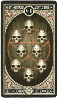 8 of Pentacles card from the Anne Stokes Gothic Tarot deck
