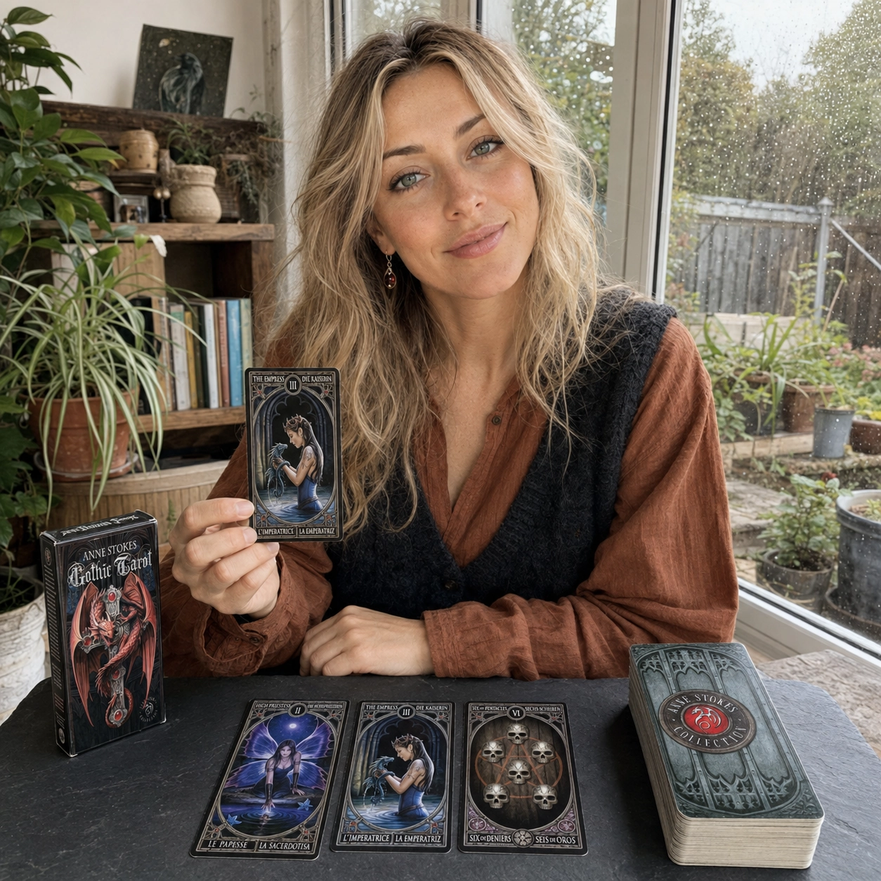 Aurica presenting The Empress from Anne Stokes Gothic Tarot beside the deck box, a three-card spread, and stacked deck