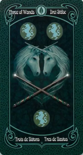 3 of Wands card from the Anne Stokes Legends Tarot deck