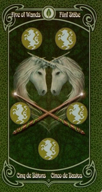 4 of Wands card from the Anne Stokes Legends Tarot deck