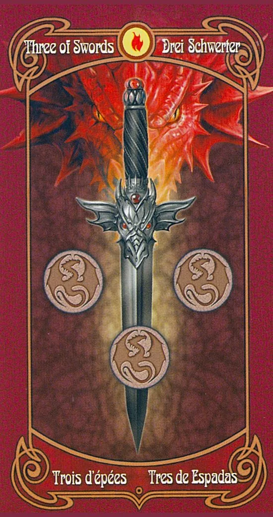 3 of Swords card from the Anne Stokes Legends Tarot deck