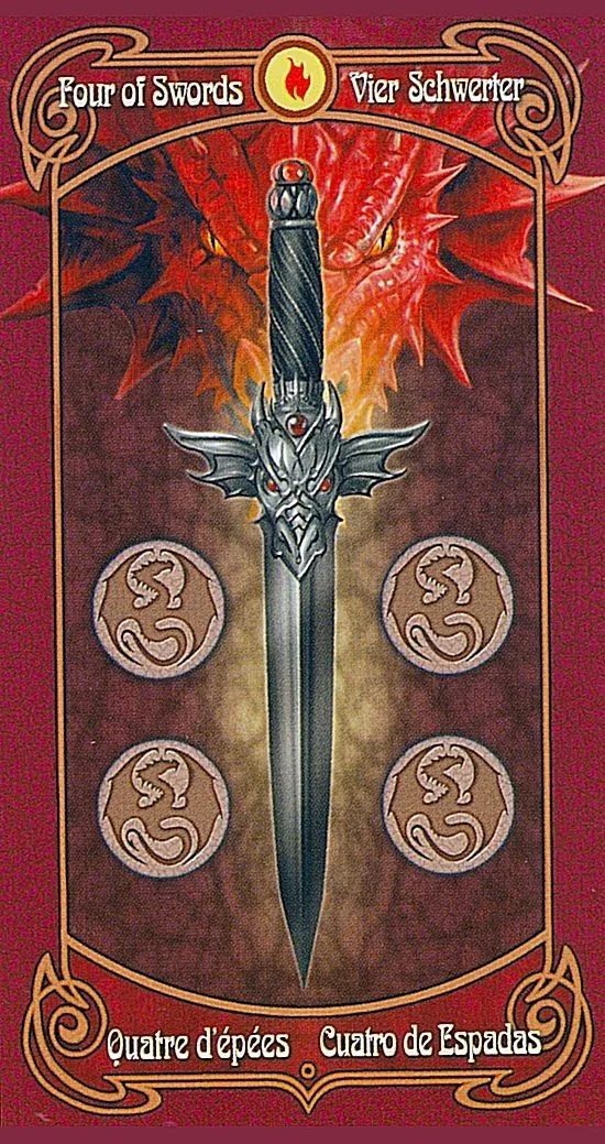 4 of Swords card from the Anne Stokes Legends Tarot deck
