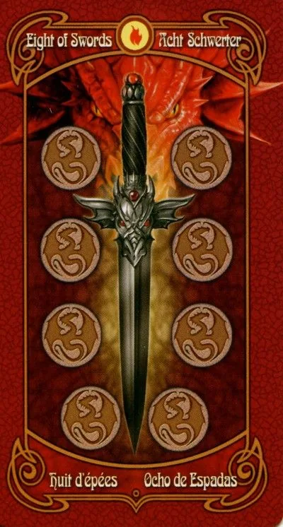 8 of Swords card from the Anne Stokes Legends Tarot deck