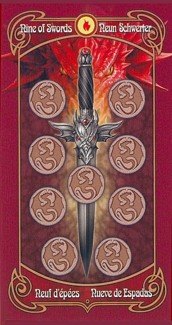 9 of Swords card from the Anne Stokes Legends Tarot deck