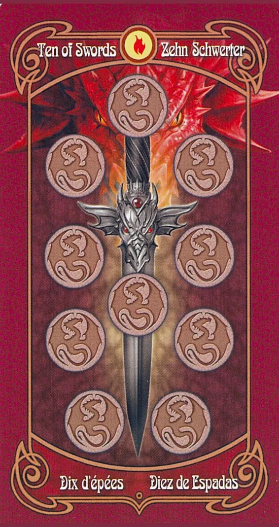 10 of Swords card from the Anne Stokes Legends Tarot deck