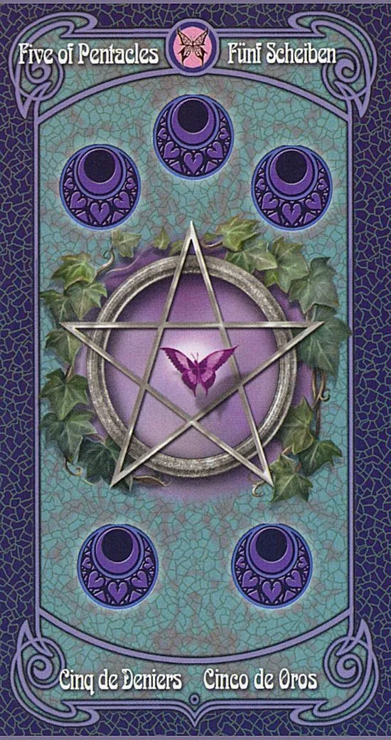 5 of Pentacles card from the Anne Stokes Legends Tarot deck