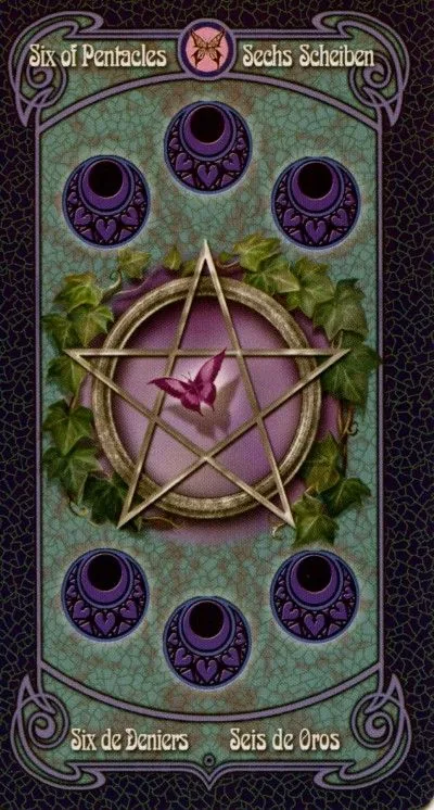 6 of Pentacles card from the Anne Stokes Legends Tarot deck