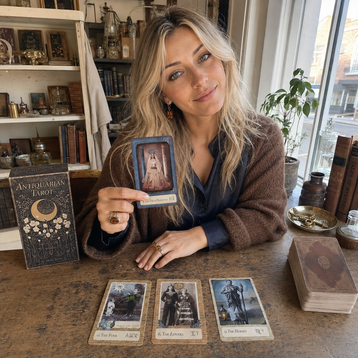 Aurica presenting the High Priestess beside the Antiquarian Tarot box, face-up spread, and stacked deck