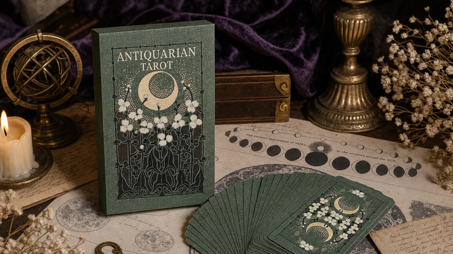 Antiquarian Tarot Deck by Maree Bento in a generated vintage reading scene