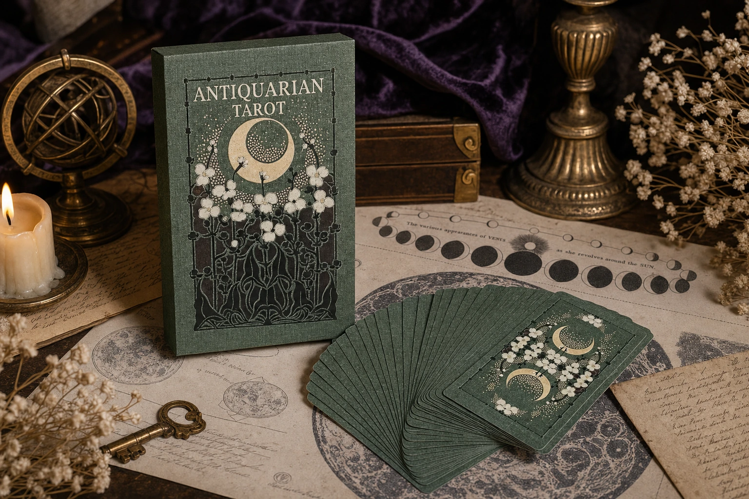 Antiquarian Tarot GPT Image 2 exact box final CTA Antiquarian Tarot box and cards in a warm vintage TarotFans reading scene