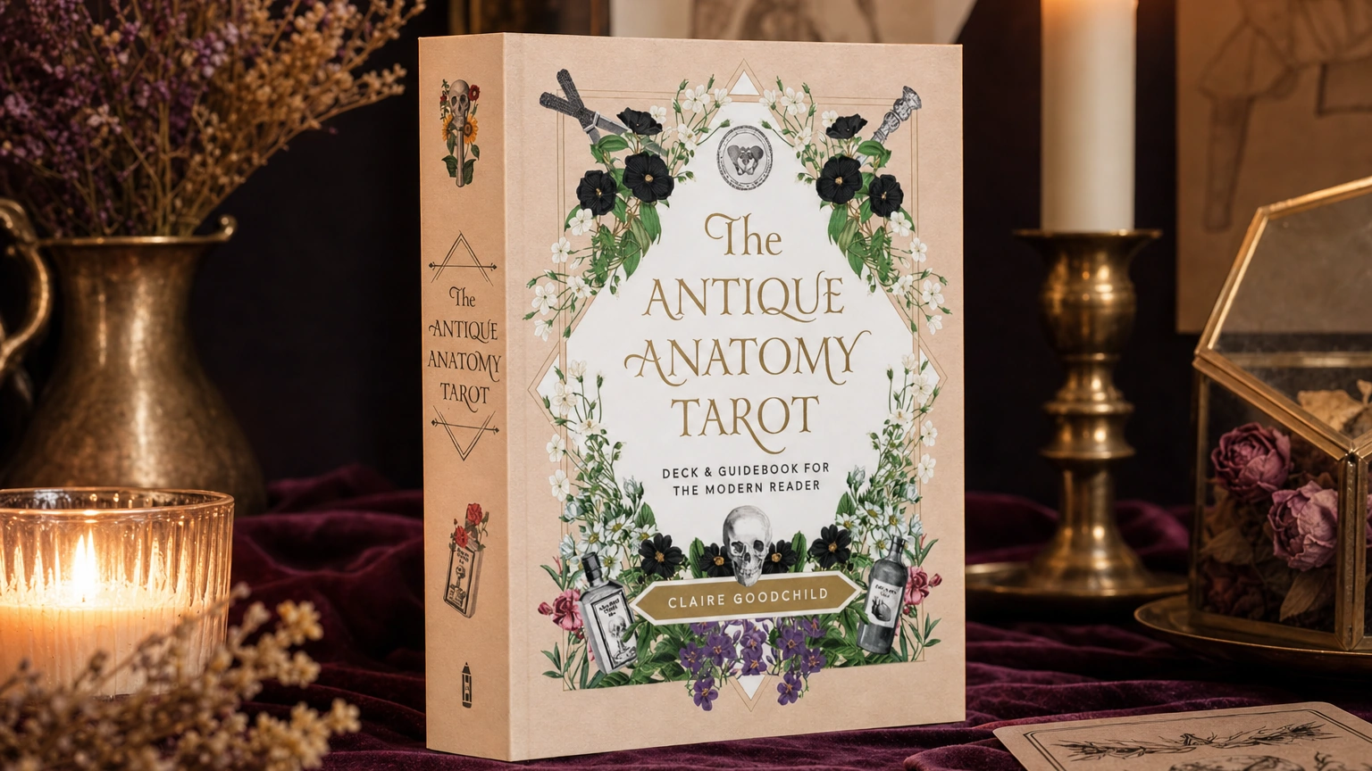 Antique Anatomy Tarot product box in a GPT Image 2 plum and gold lifestyle scene