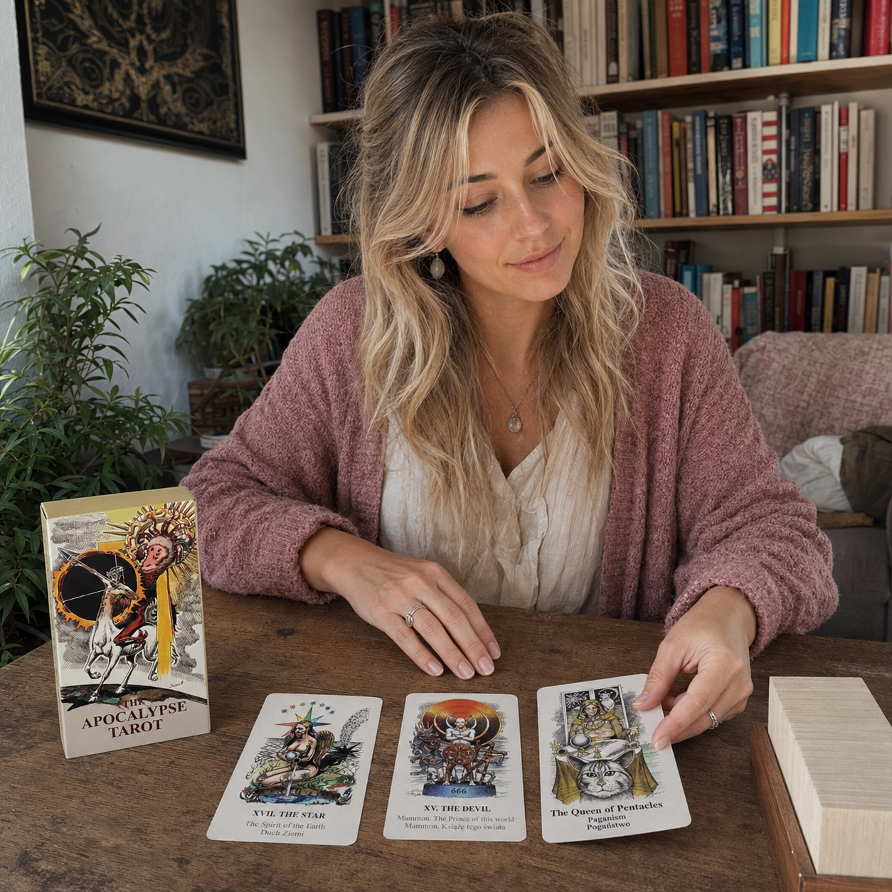 Aurica turning The Star beside The Apocalypse Tarot box, face-up spread, and stacked deck