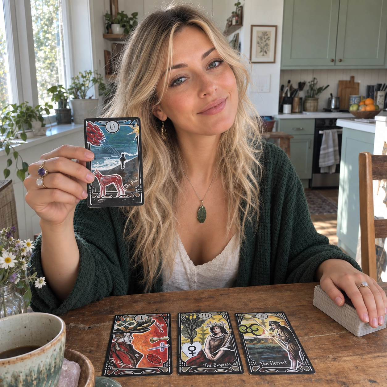 Aurica presenting The Fool from Apophenia Tarot beside a three-card spread and covered stacked deck