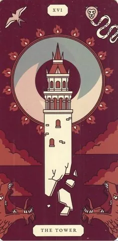 The Tower card from the Arcana Iris Sacra Tarot deck