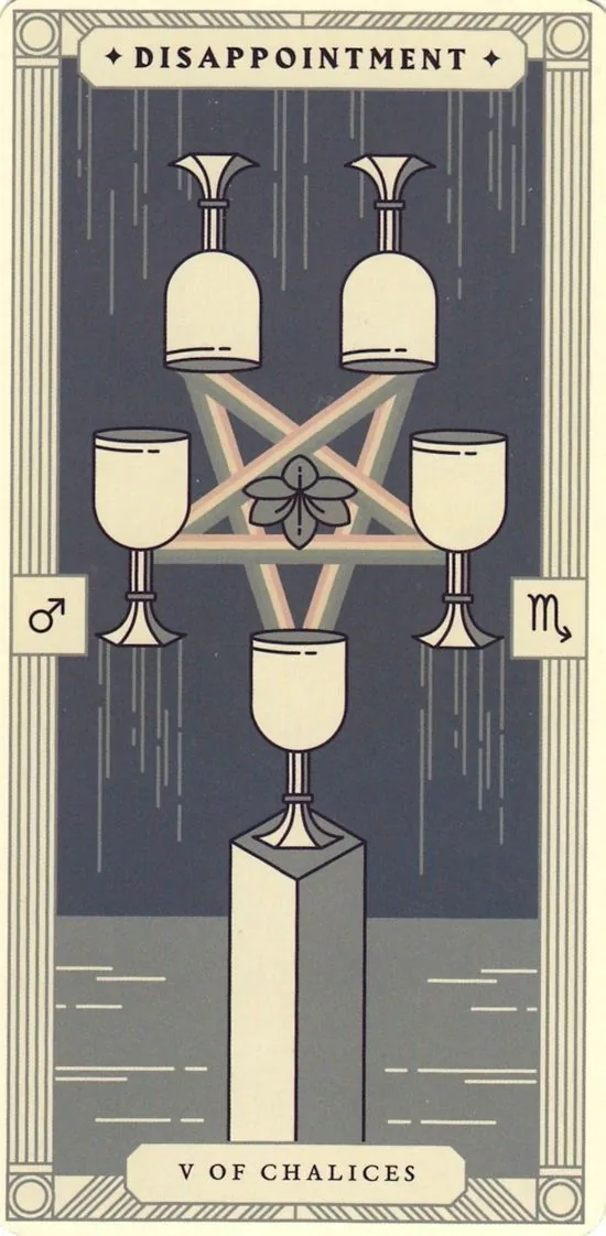 5 of Chalices card from the Arcana Iris Sacra Tarot deck