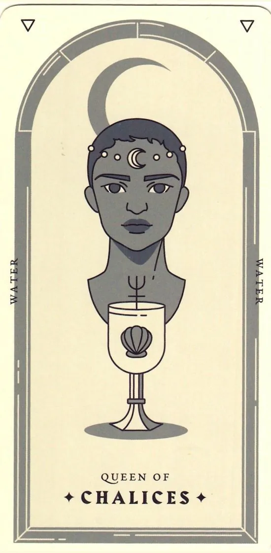 Queen of Chalices card from the Arcana Iris Sacra Tarot deck