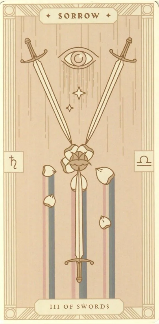 3 of Swords card from the Arcana Iris Sacra Tarot deck