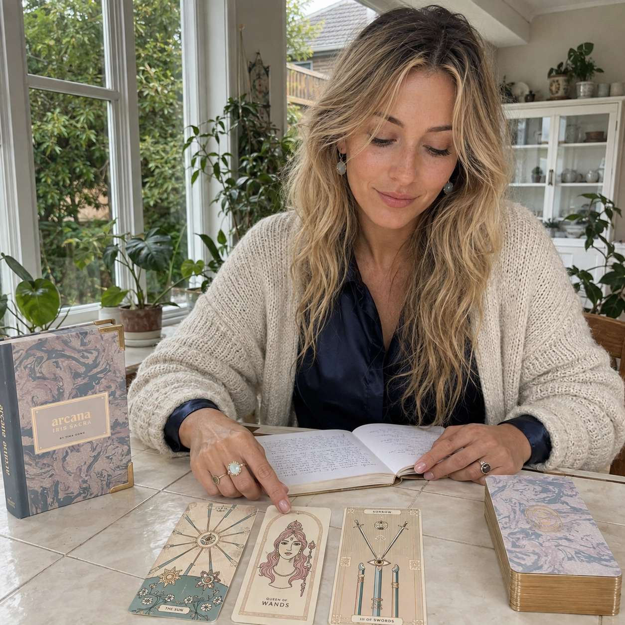 Aurica journaling beside the Arcana Iris Sacra Tarot box, a three-card face-up spread, and the stacked deck