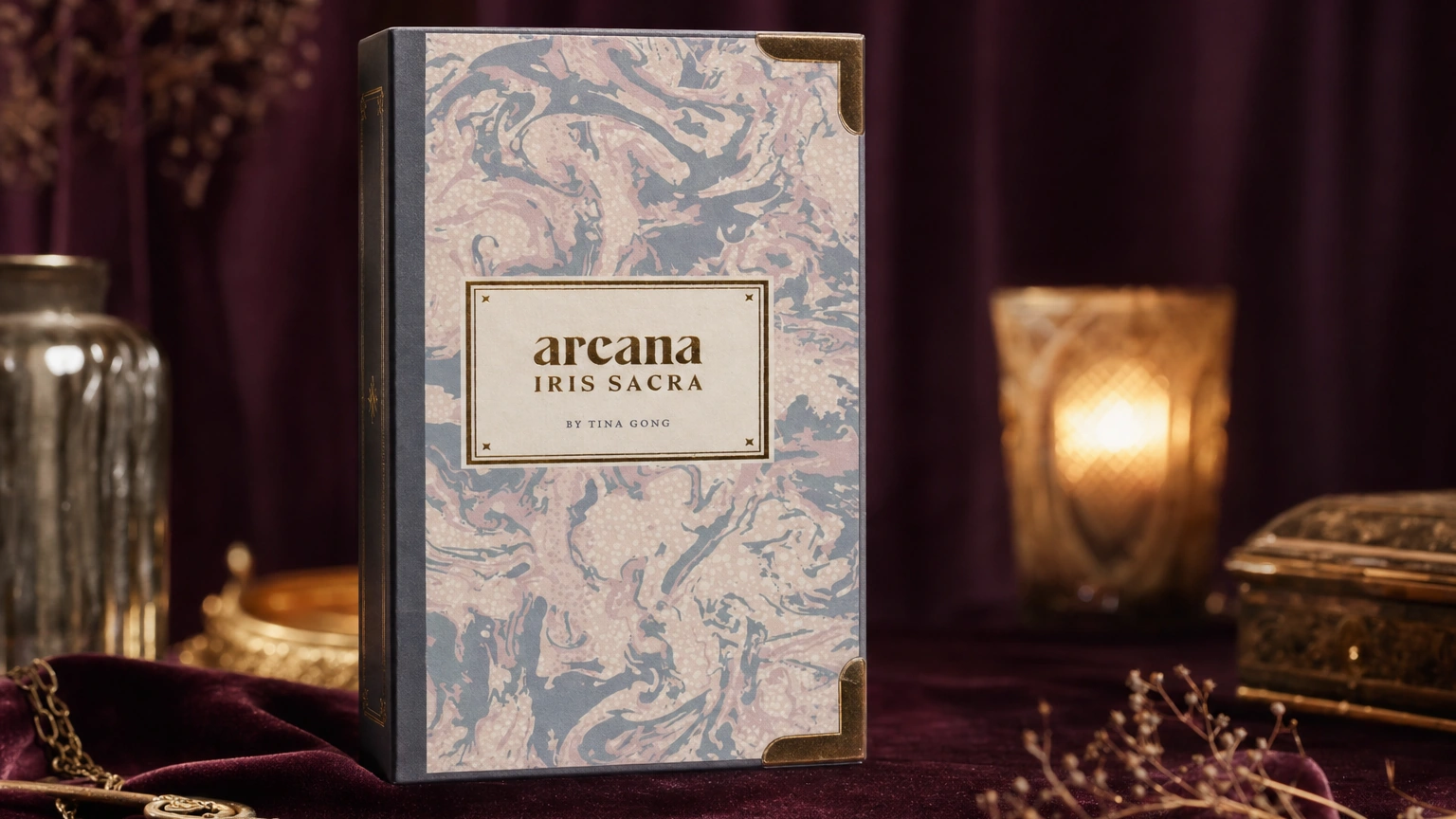 Arcana Iris Sacra Tarot product box in a GPT Image 2 plum and gold lifestyle scene