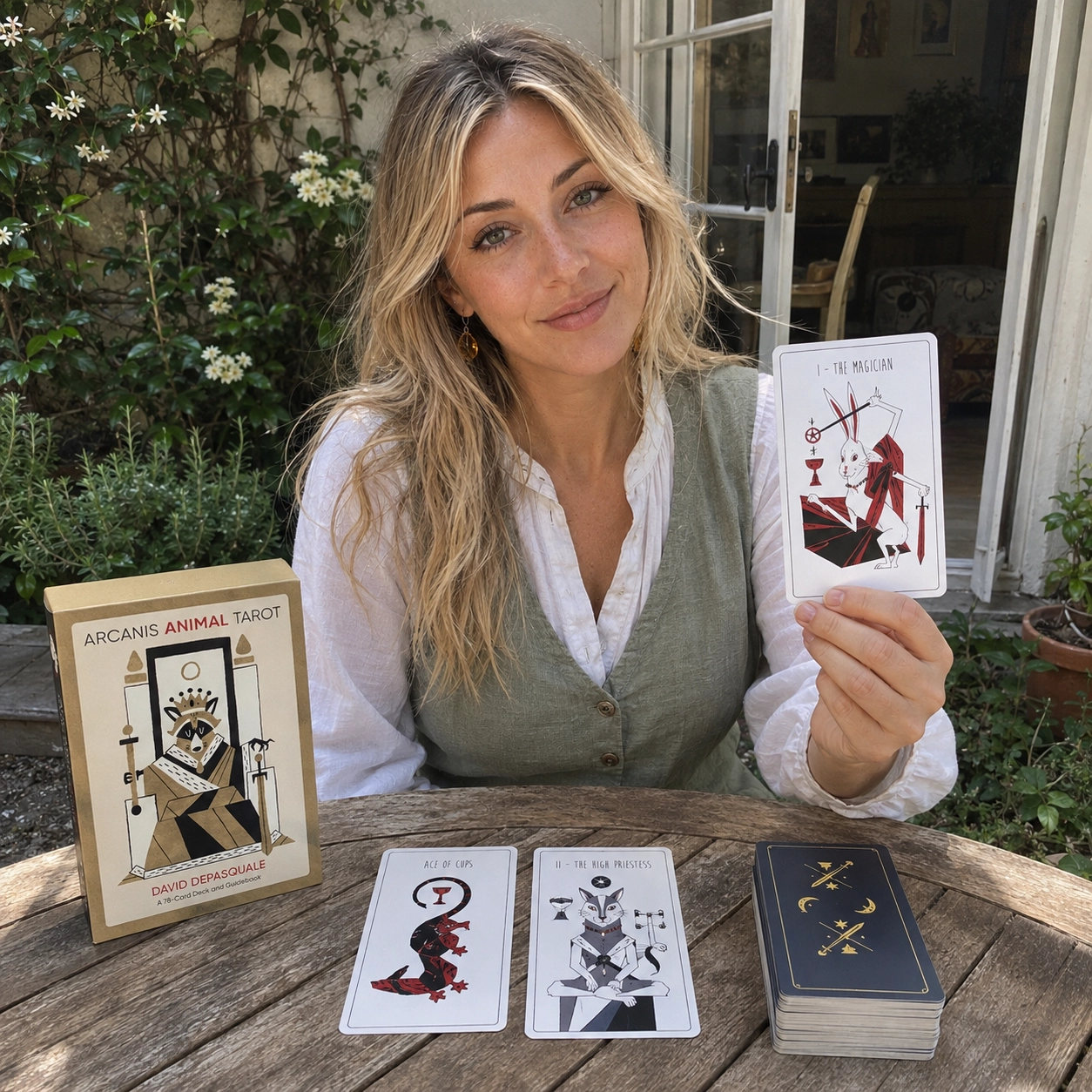 Aurica presenting The Magician from Arcanis Animal Tarot beside the deck box, two-card spread, and stacked deck