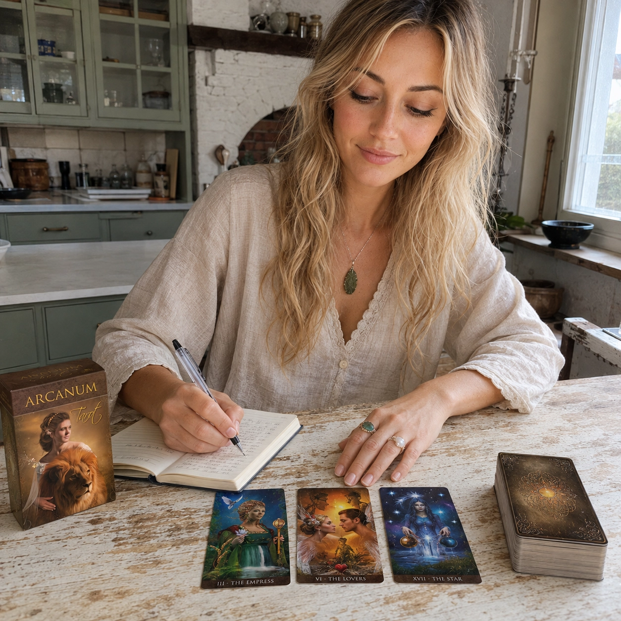 Aurica journaling with Arcanum Tarot by Renata Lechner beside three face-up cards, the deck box, and stacked cards